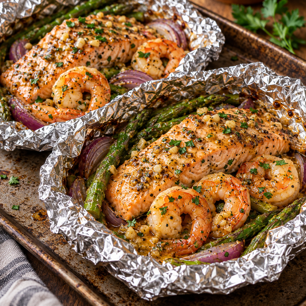 Garlic Dijon Salmon and Shrimp Foil Packs Garlic Dijon salmon and shrimp foil pack with flaky salmon, juicy shrimp, garlic butter sauce, fresh parsley, and lemon slices.