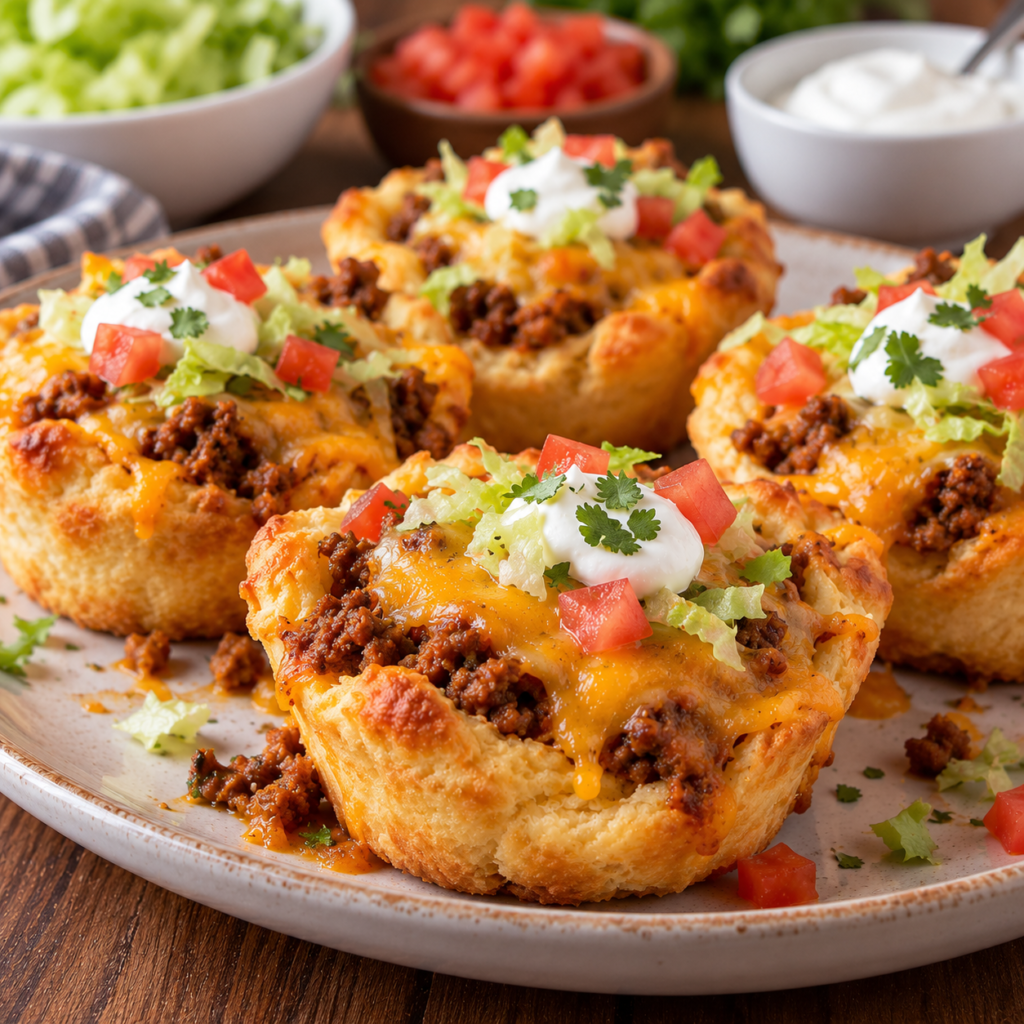 Cheesy taco biscuit cups filled with seasoned ground beef and melted cheddar, topped with shredded lettuce, diced tomatoes, and sour cream.