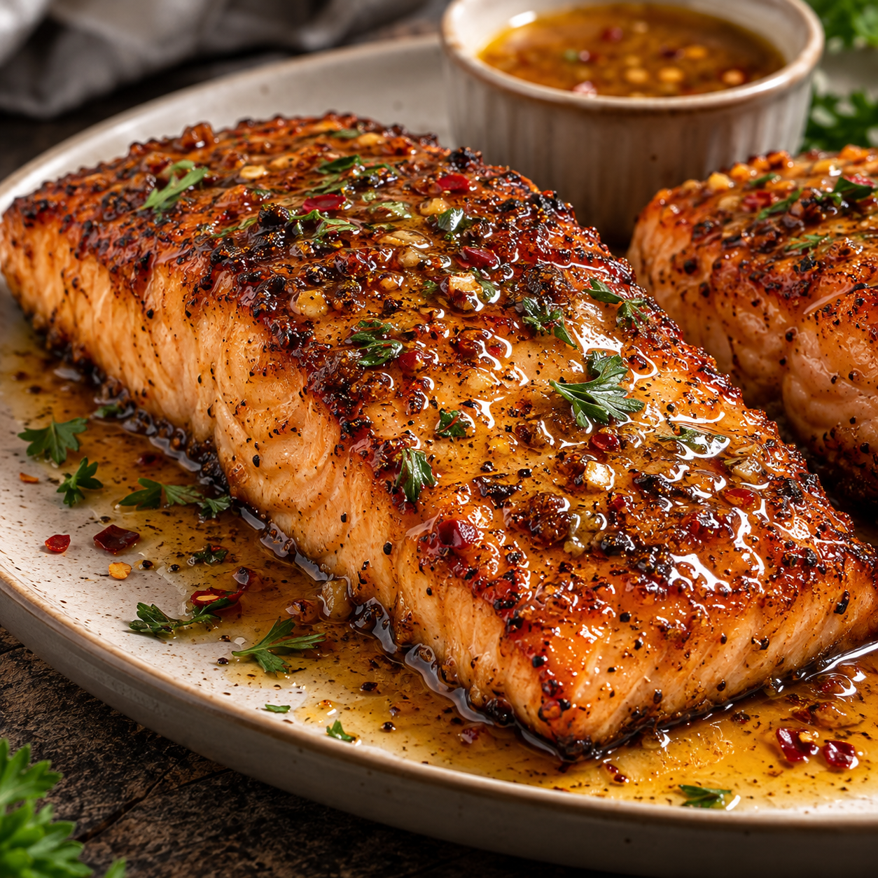 Cajun Honey Butter Salmon Fillets Cajun honey butter salmon fillets with a caramelized spice coating and glossy honey butter glaze.