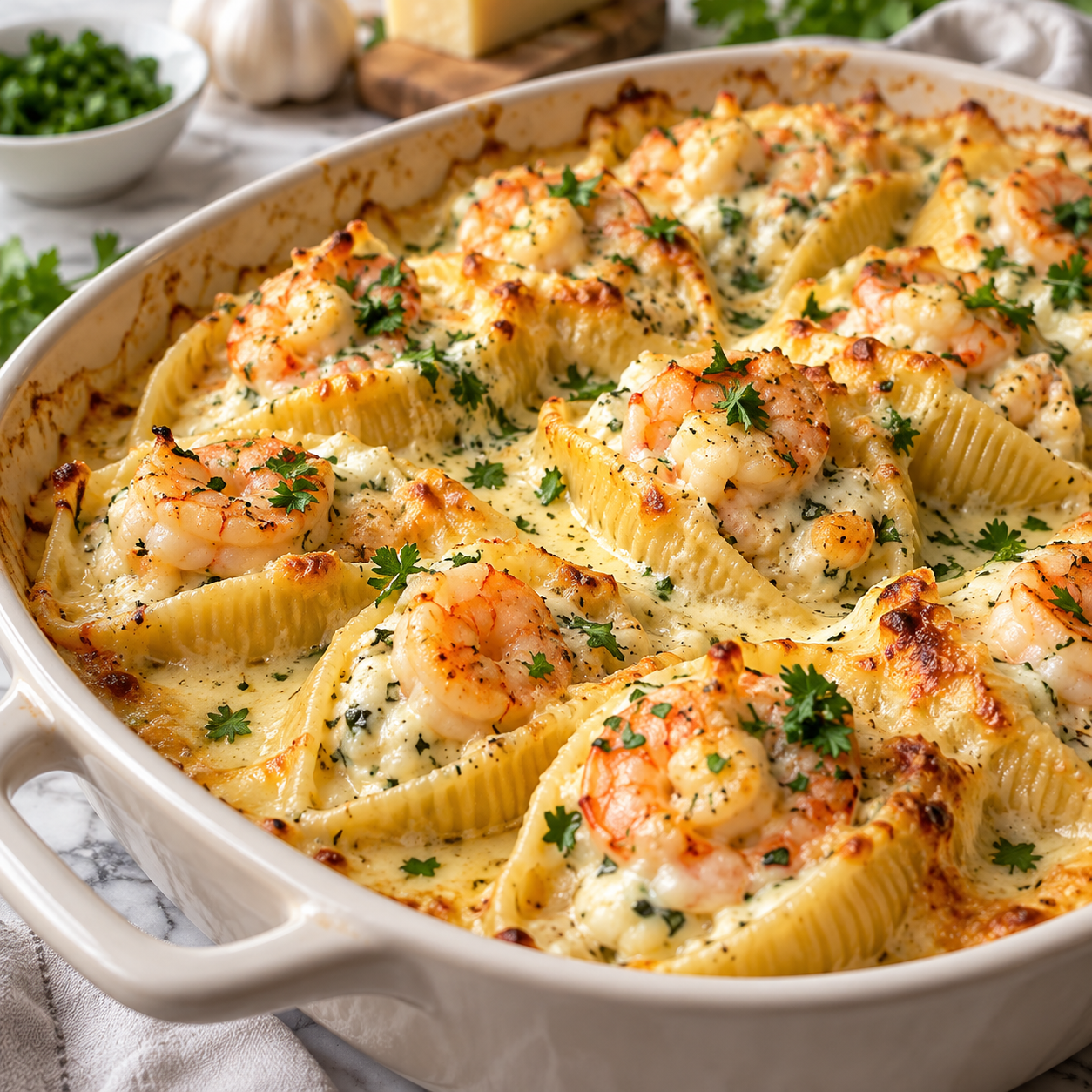 Creamy Garlic Shrimp Stuffed Shells Creamy garlic shrimp stuffed shells filled with shrimp and cheese, topped with rich garlic cream sauce and fresh parsley.