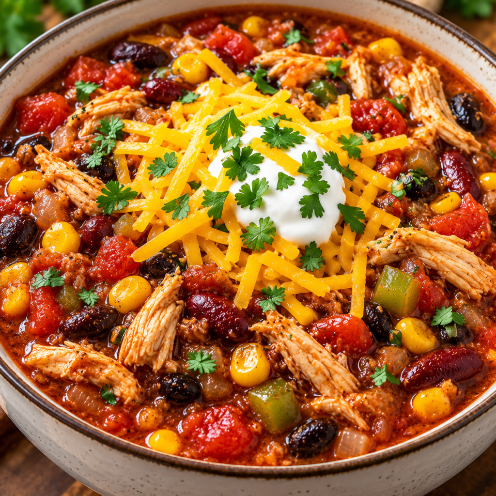 A bowl of leftover turkey chili with shredded turkey, beans, corn, cheddar cheese, sour cream, and fresh cilantro.
