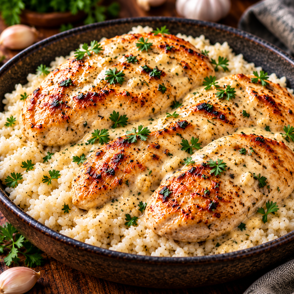 Creamy garlic chicken and rice with golden seared chicken breasts in a rich garlic cream sauce, served over fluffy white rice and garnished with fresh parsley.