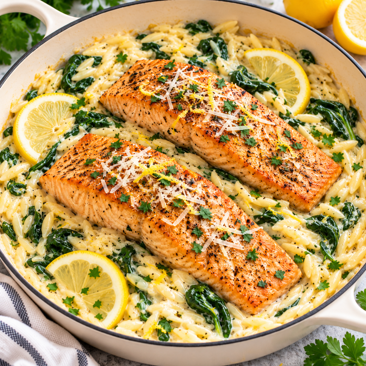 Easy one-pan salmon and orzo dinner with golden salmon, creamy spinach orzo, Parmesan, and lemon.