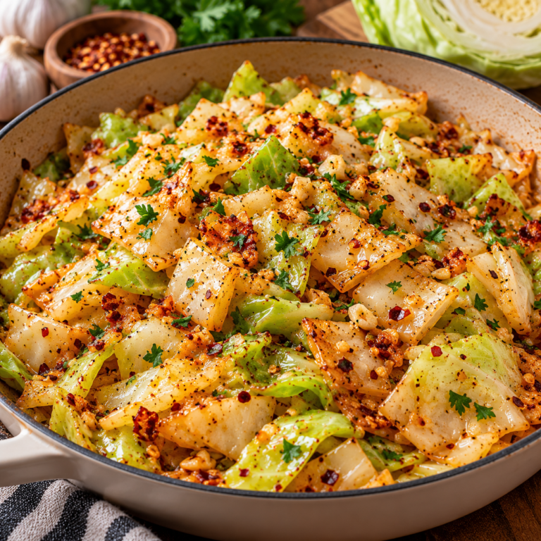 Garlic butter cabbage stir fry with tender cabbage, browned edges, minced garlic, red pepper flakes, black pepper, and fresh parsley in a skillet.
