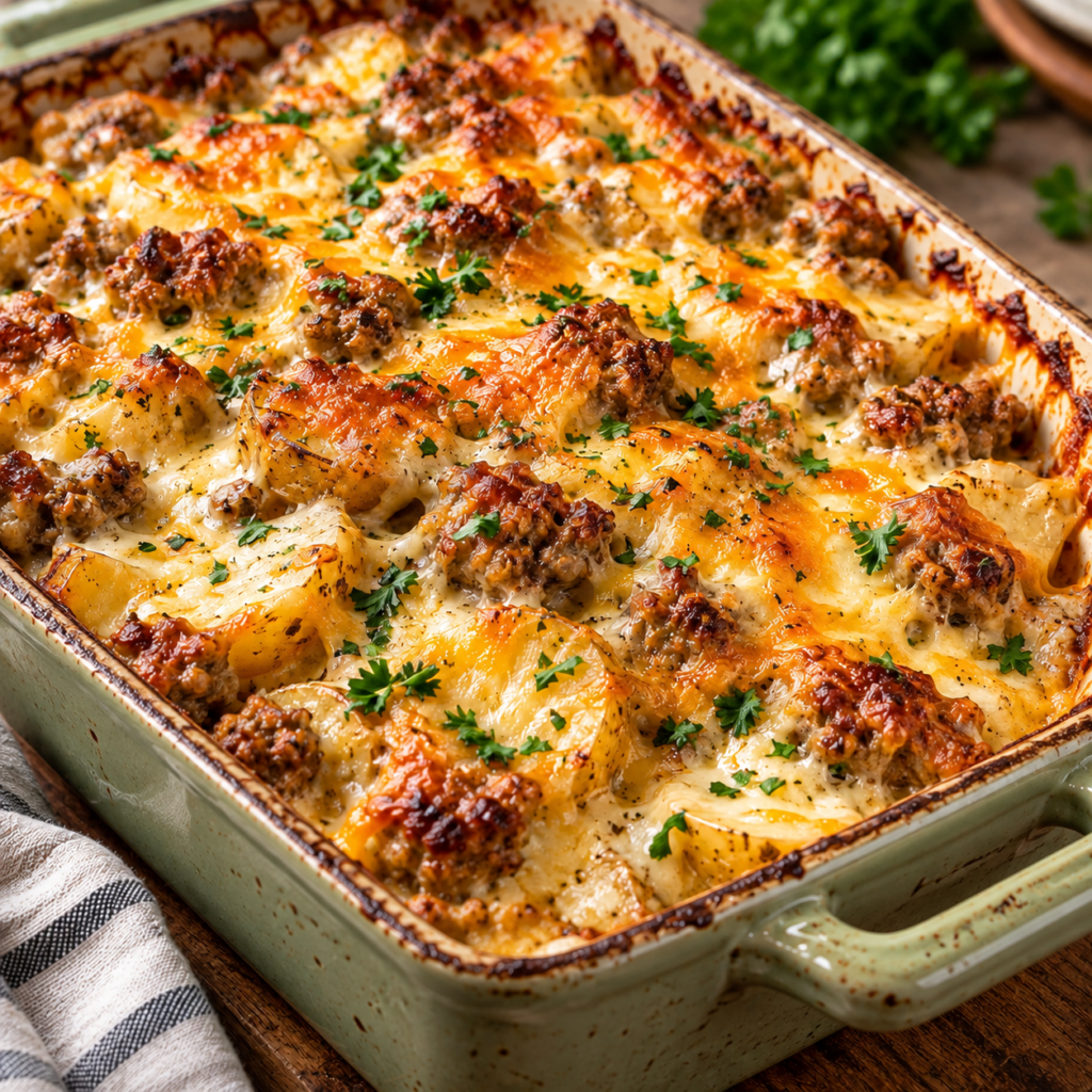 Cheesy ranch sausage and potato bake with tender golden potatoes, browned sausage, melted cheese, and creamy ranch seasoning in a baking dish.