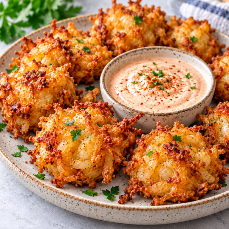 Crispy golden blooming onion bites arranged on a speckled ceramic plate with a bowl of creamy dipping sauce.