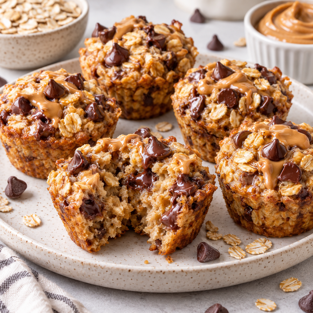 Peanut butter chocolate chip baked oatmeal cups with golden edges, visible rolled oats, melted chocolate chips, and one cup broken open.