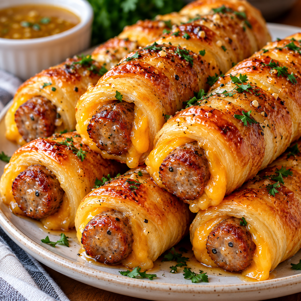 Cheesy sausage breakfast roll-ups with golden crescent pastry, melted cheddar cheese, and maple garlic butter on a rustic plate.
