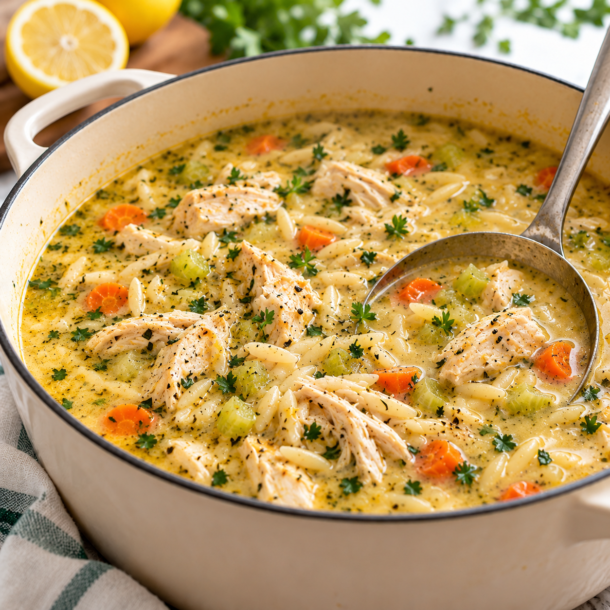 Creamy lemon chicken orzo soup in a Dutch oven with tender shredded chicken, orzo pasta, carrots, celery, and a golden lemon broth.