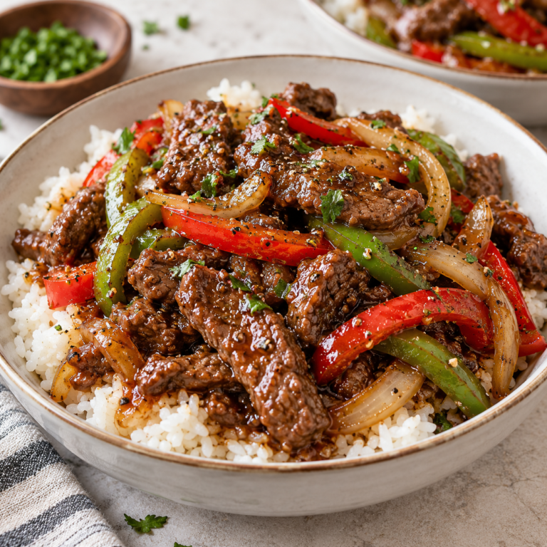 Pepper steak rice bowl with sliced beef, bell peppers, and savory sauce served over rice.
