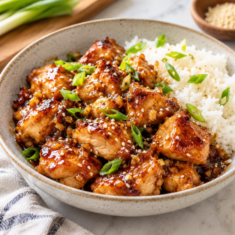 Honey ginger glazed chicken with a sticky golden-brown sauce served beside white rice and topped with green onions and sesame seeds.