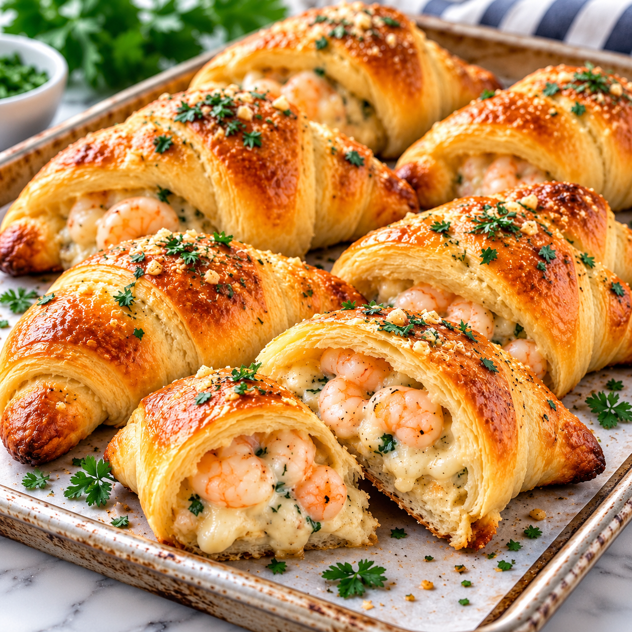 Golden garlic shrimp crescent rolls filled with creamy cheese and tender shrimp, arranged on a baking sheet.