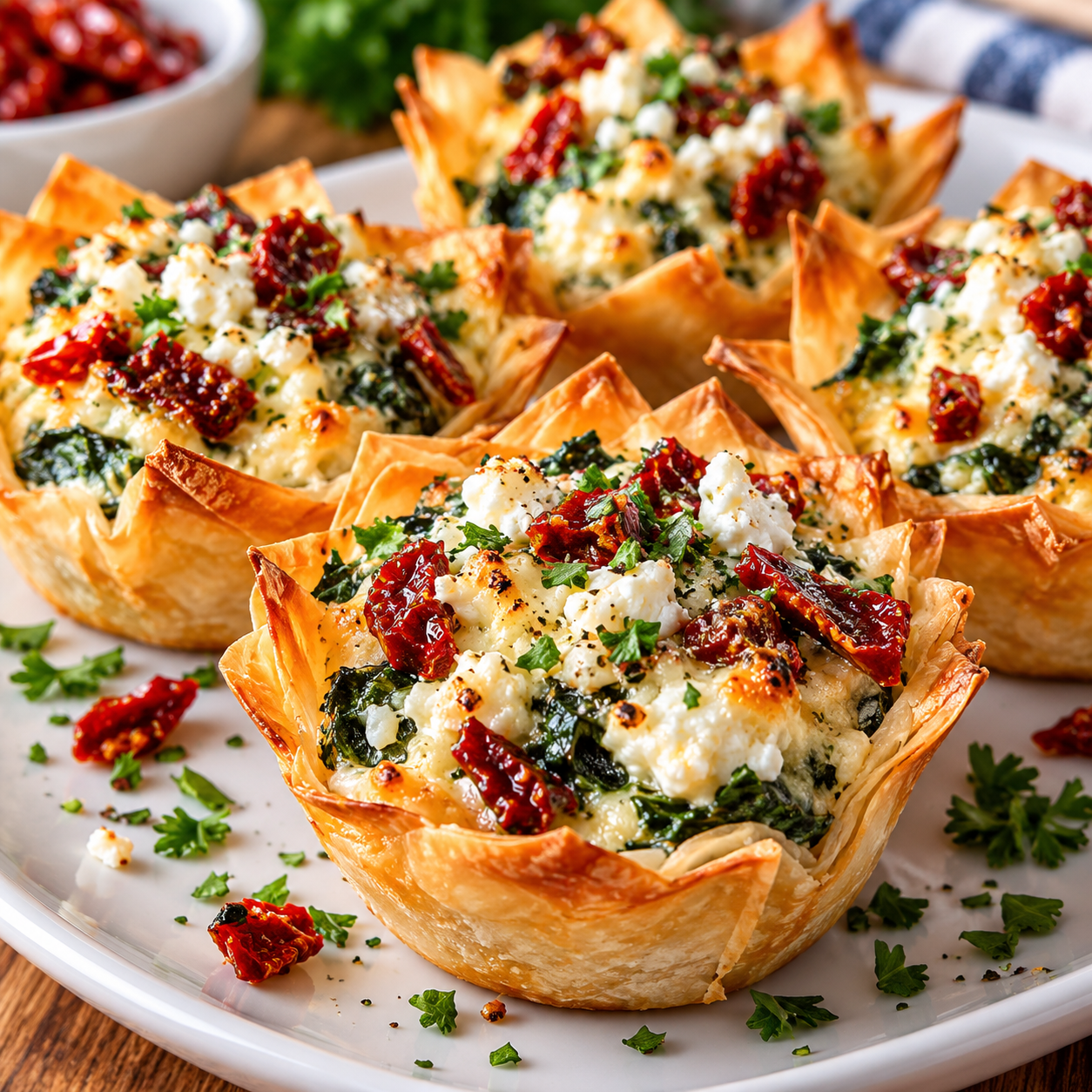 Spinach feta sun-dried tomato cups with flaky phyllo crusts, creamy spinach filling, crumbled feta, and chopped sun-dried tomatoes.