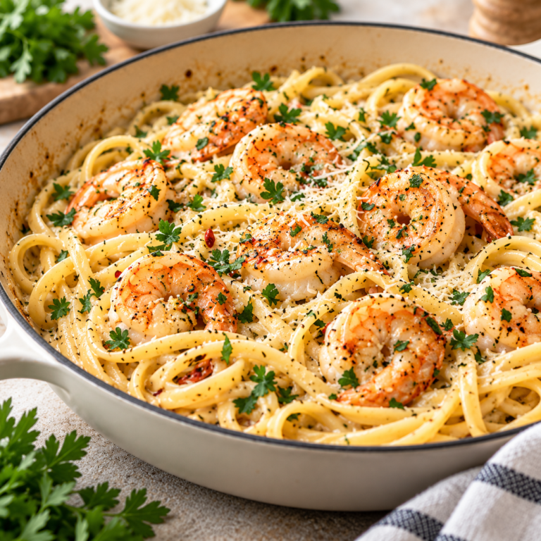 Creamy garlic shrimp pasta with linguine, juicy shrimp, Parmesan cheese, parsley, and a rich garlic cream sauce in a skillet.