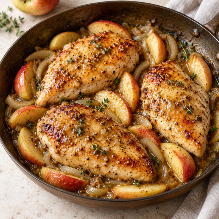 Apple cider chicken skillet with golden chicken cutlets, apple wedges, and onions in a Dijon pan sauce.