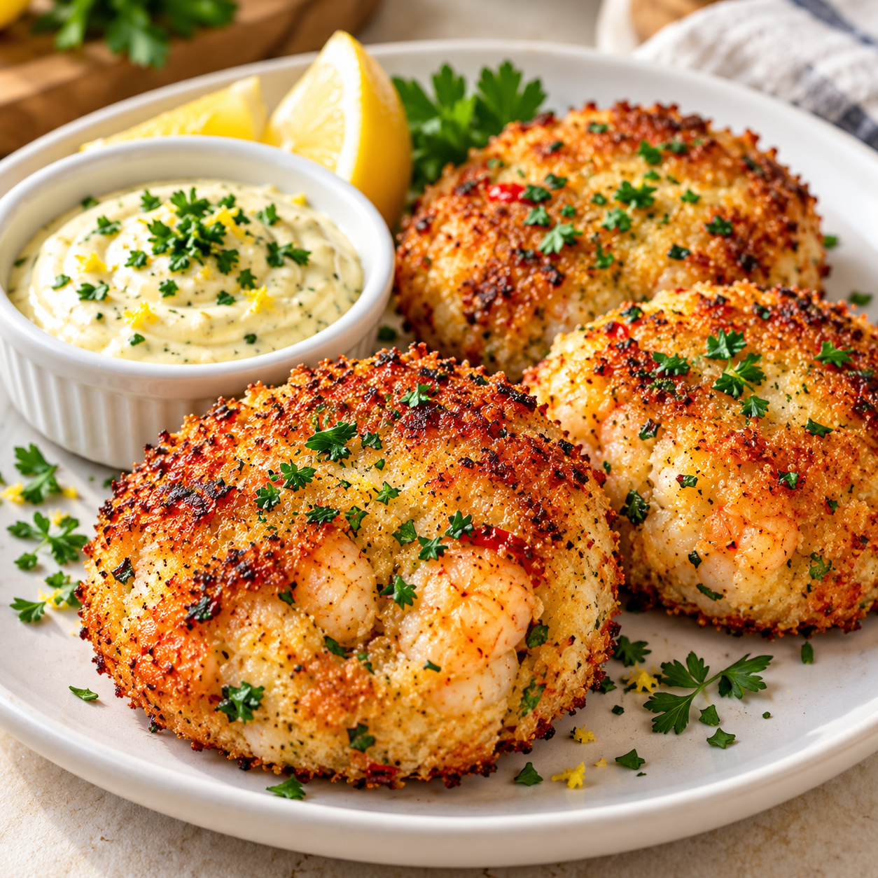 Golden crispy shrimp cakes with visible shrimp pieces and fresh parsley served beside creamy homemade lemon aioli on a white plate.