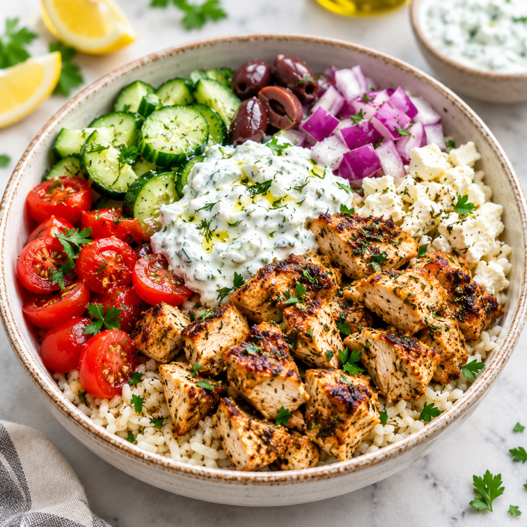 Chicken gyro rice bowl with golden seasoned chicken, fluffy rice, cucumbers, tomatoes, feta cheese, red onion, olives, and creamy tzatziki sauce.