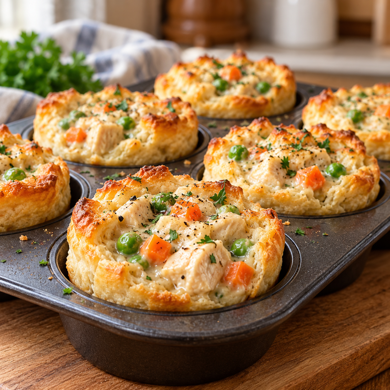 Easy chicken pot pie biscuit cups filled with creamy chicken, peas, and carrots in golden baked biscuit crusts.