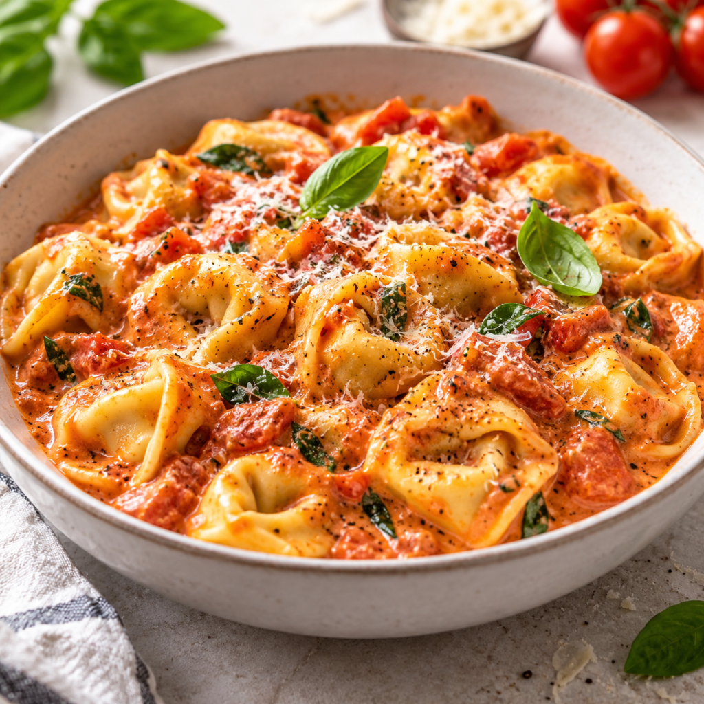 Creamy tomato tortellini coated in a rich tomato cream sauce.