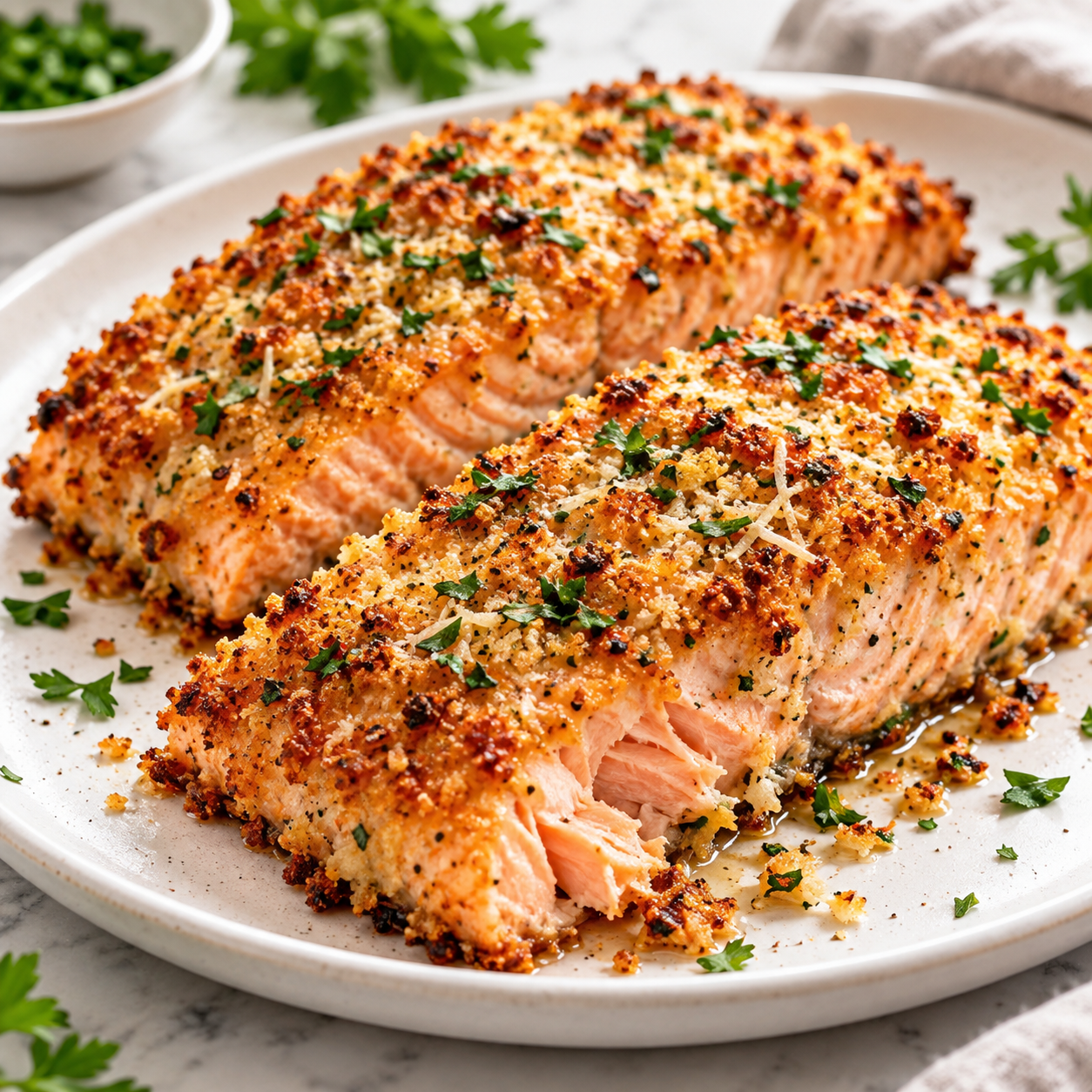 Crispy Parmesan Crusted Salmon – Easy Salmon Dinner Crispy Parmesan crusted salmon fillets with a golden, crunchy Parmesan coating and tender, flaky salmon underneath.