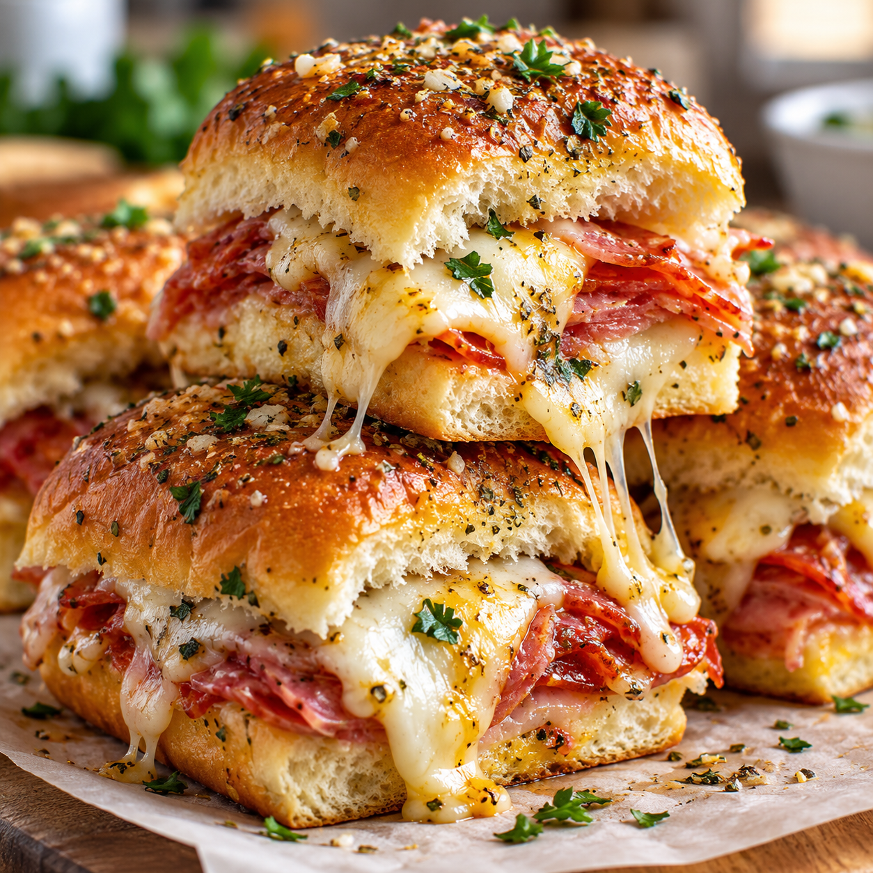 Easy Cheesy Italian Sliders with Garlic Butter Cheesy Italian sliders filled with pepperoni, salami, and melted provolone cheese on golden garlic butter rolls.