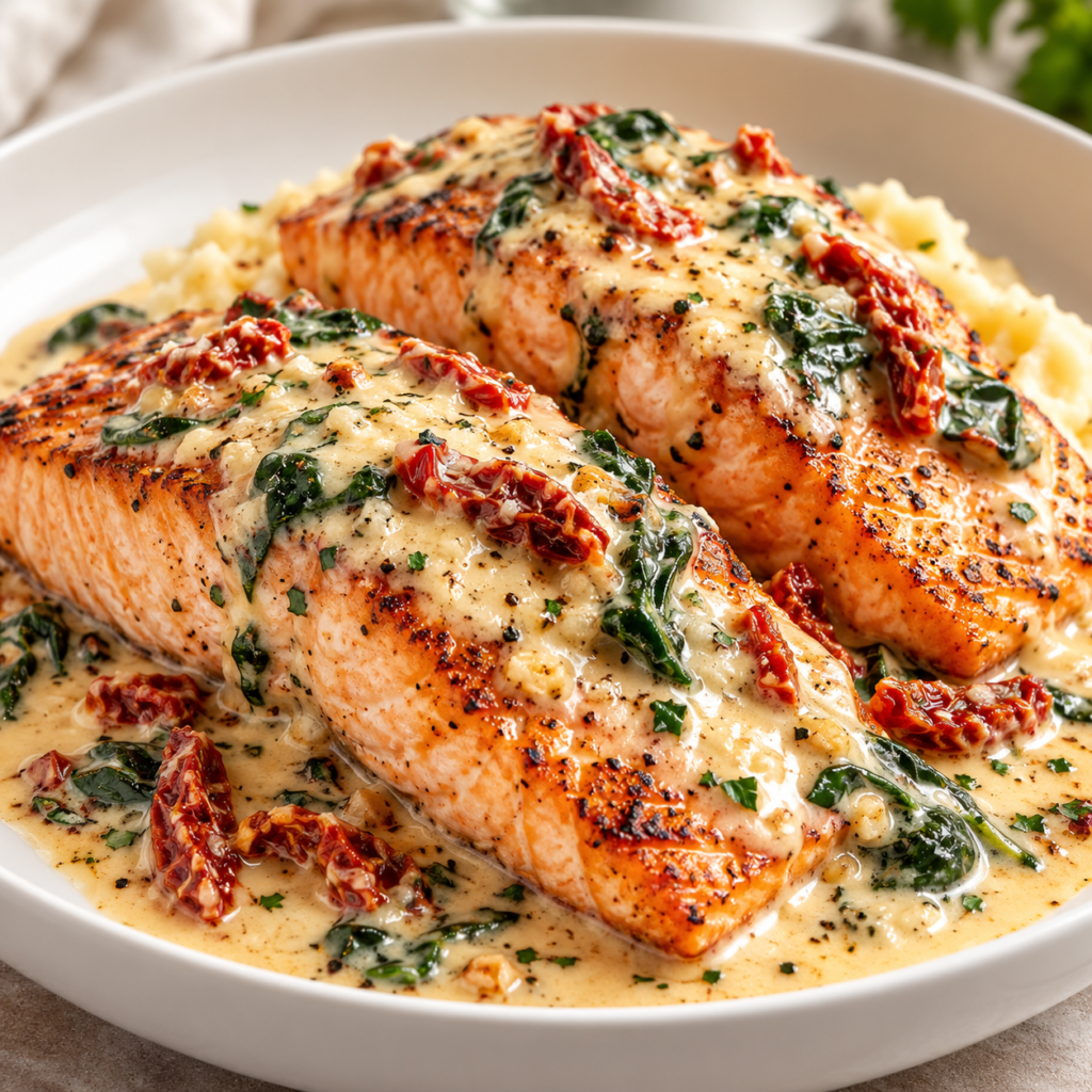 Marry Me Salmon with creamy garlic-Parmesan sauce, sun-dried tomatoes, and spinach served over mashed potatoes.