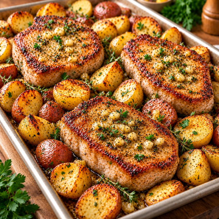 Juicy garlic butter pork chops with golden roasted baby potatoes, fresh parsley, and herbs on a sheet pan.