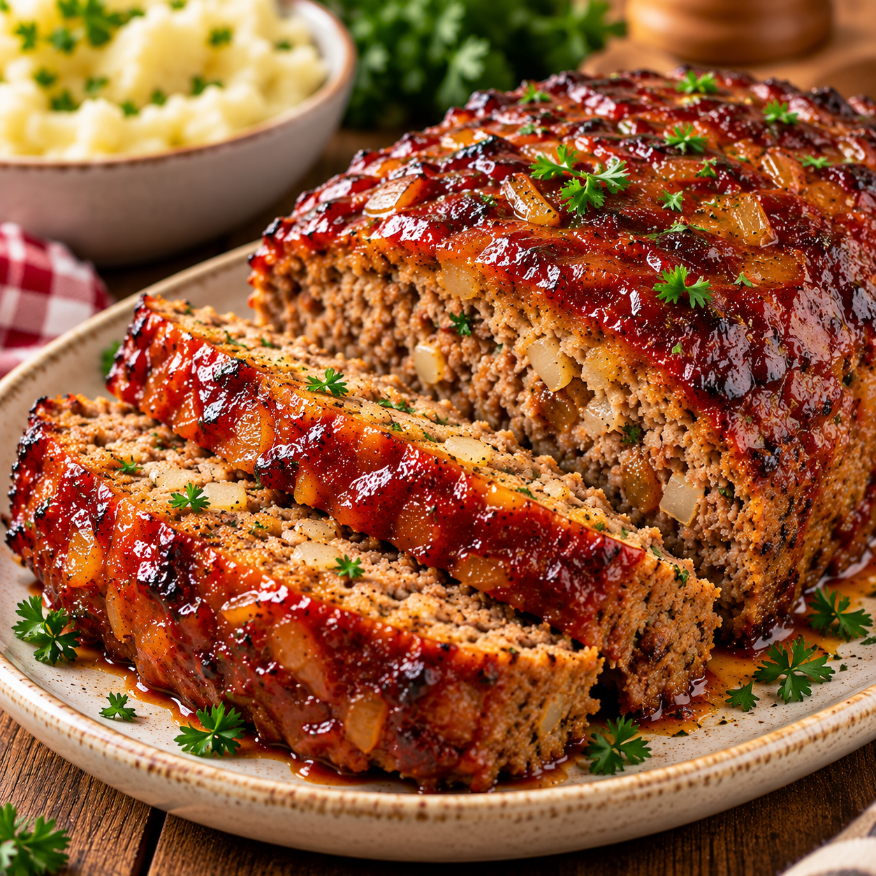 Easy onion soup mix meatloaf sliced and topped with a glossy ketchup glaze, served on a plate with fresh parsley.