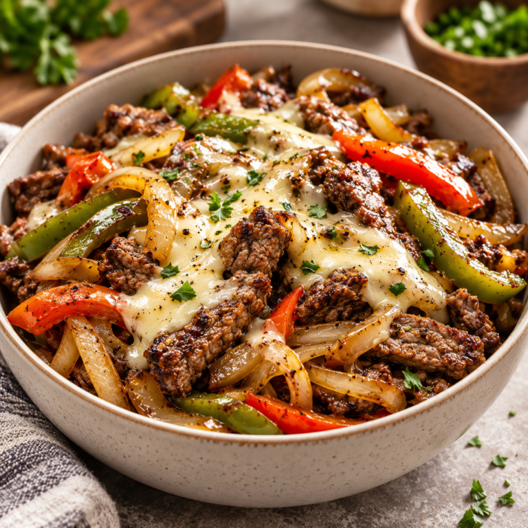 Philly cheesesteak bowl with tender steak, sautéed green and red peppers, caramelized onions, melted provolone cheese, and parsley.