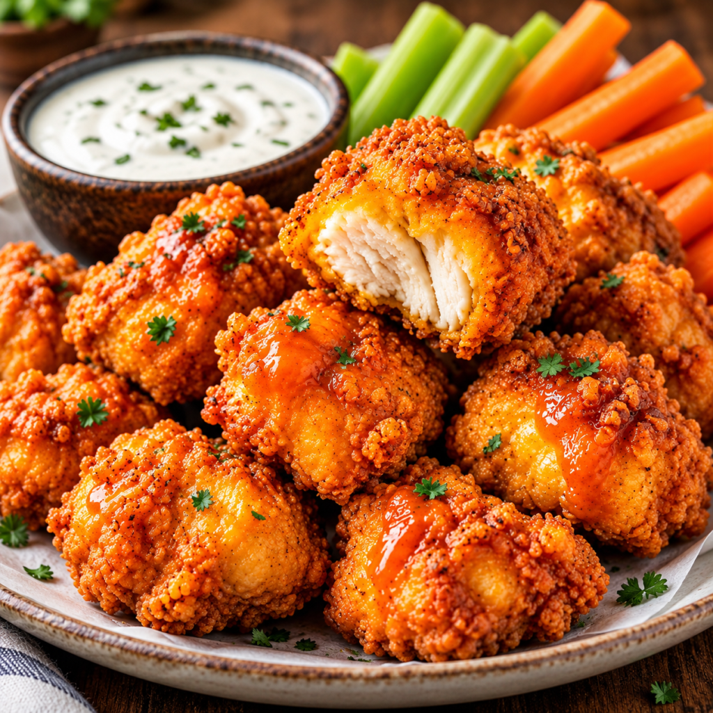 Crispy Buffalo Ranch Chicken Bites with golden breaded chicken, buffalo sauce, ranch dip, celery, and carrot sticks.