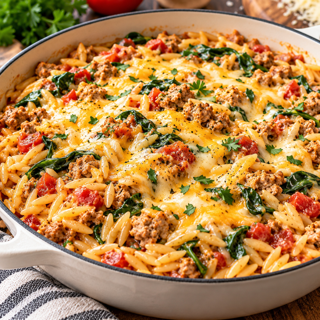 Cheesy ground turkey orzo skillet with tender orzo pasta and melted cheese.