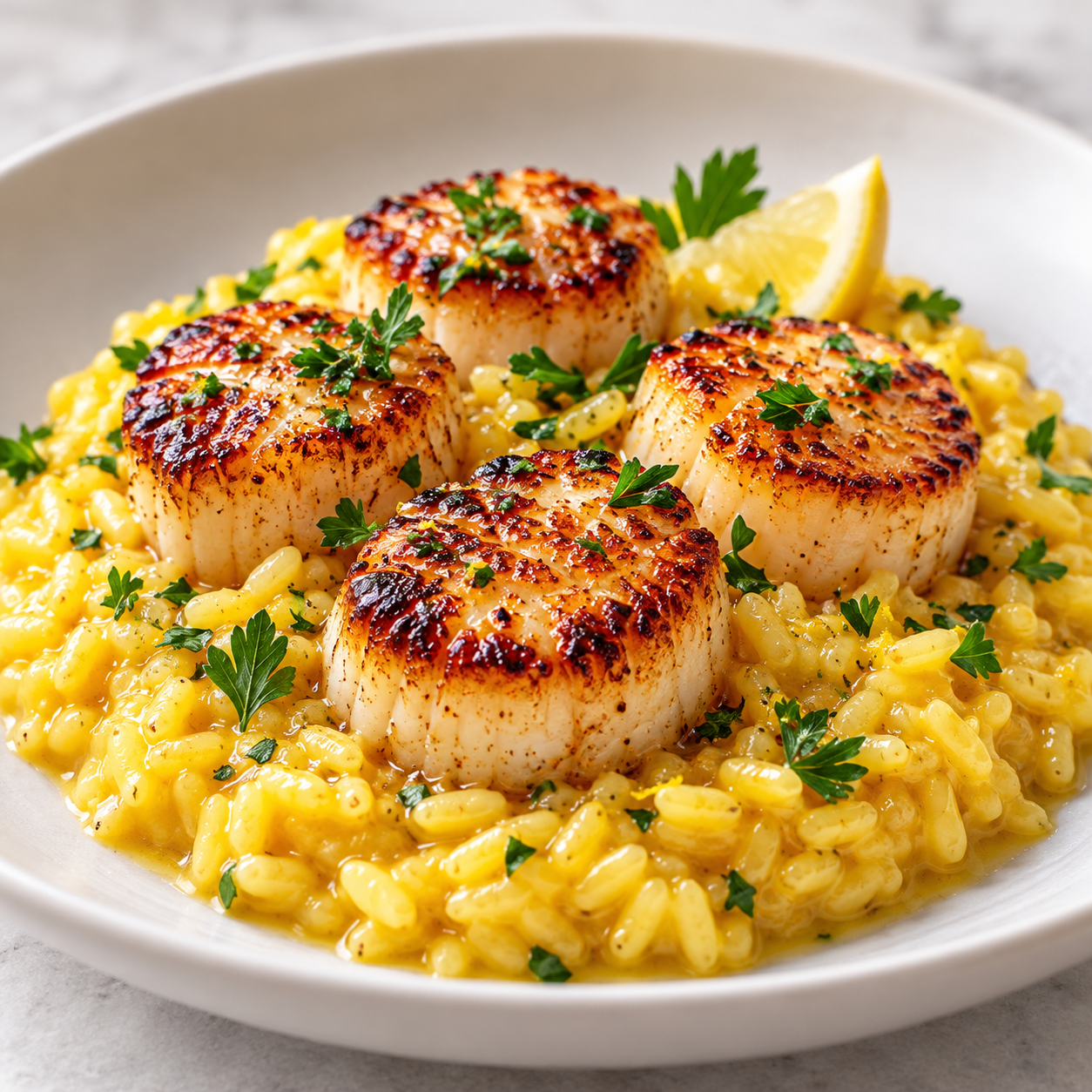 Four golden-brown seared scallops with creamy lemon risotto, garnished with fresh parsley and a lemon wedge on a white plate.