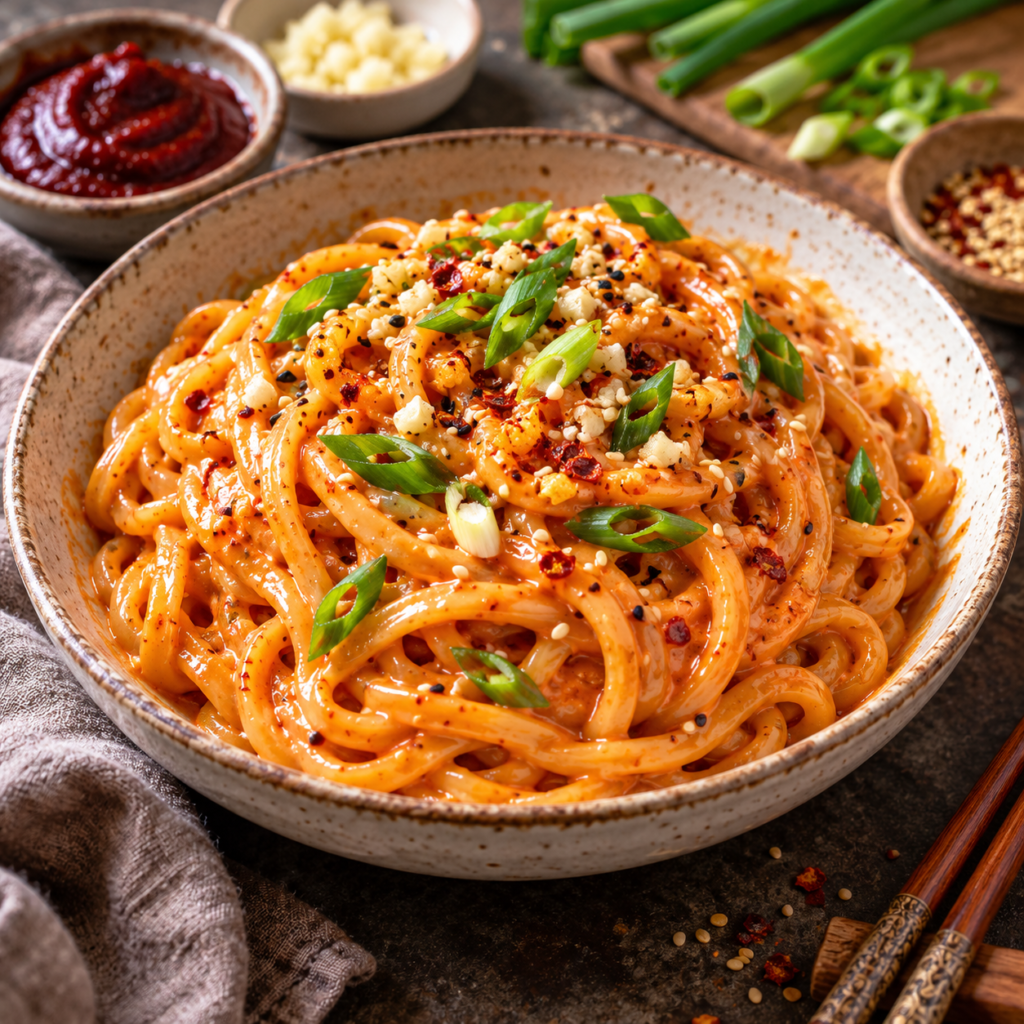 Gochujang garlic noodles coated in a creamy red sauce.