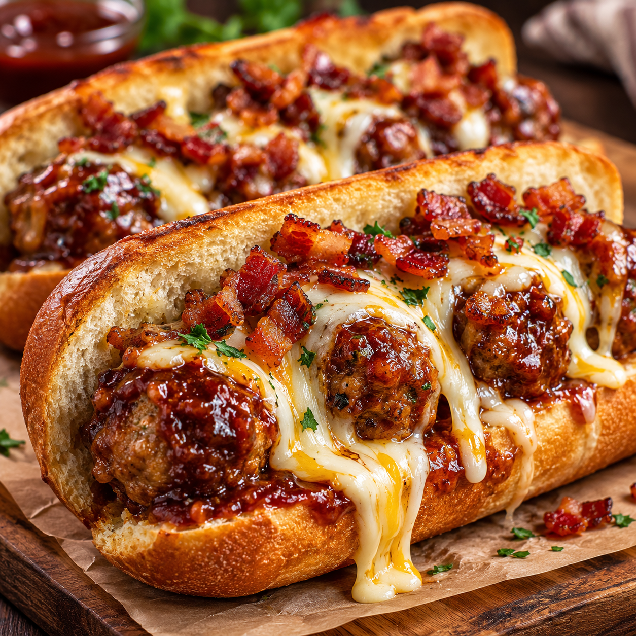Easy BBQ Bacon Meatball Subs with Melted Cheese BBQ bacon meatball subs filled with glazed meatballs, crispy chopped bacon, and melted cheese inside golden toasted hoagie rolls.