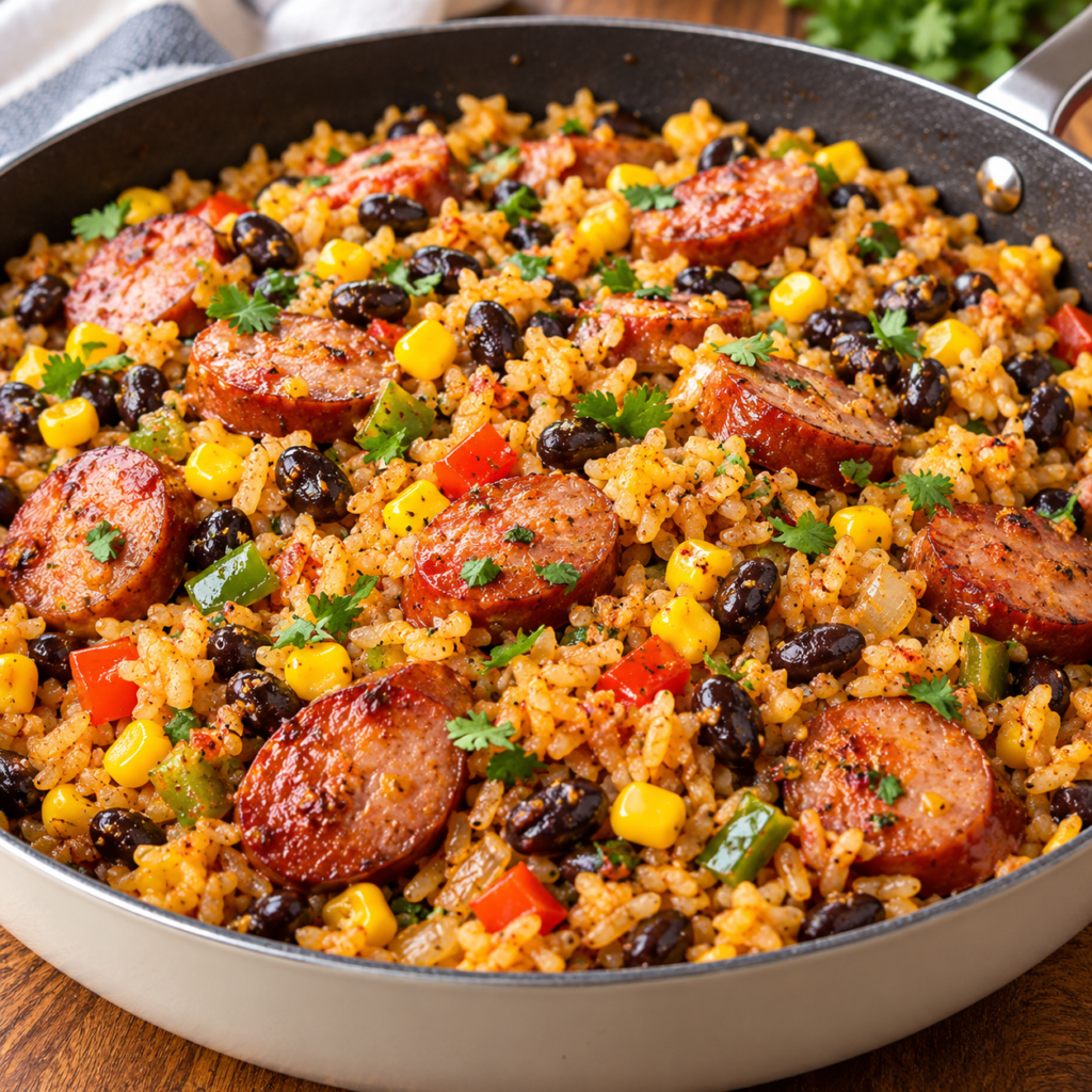 One-pan smoked sausage and rice skillet with browned sausage slices, black beans, corn, bell peppers, and seasoned rice.