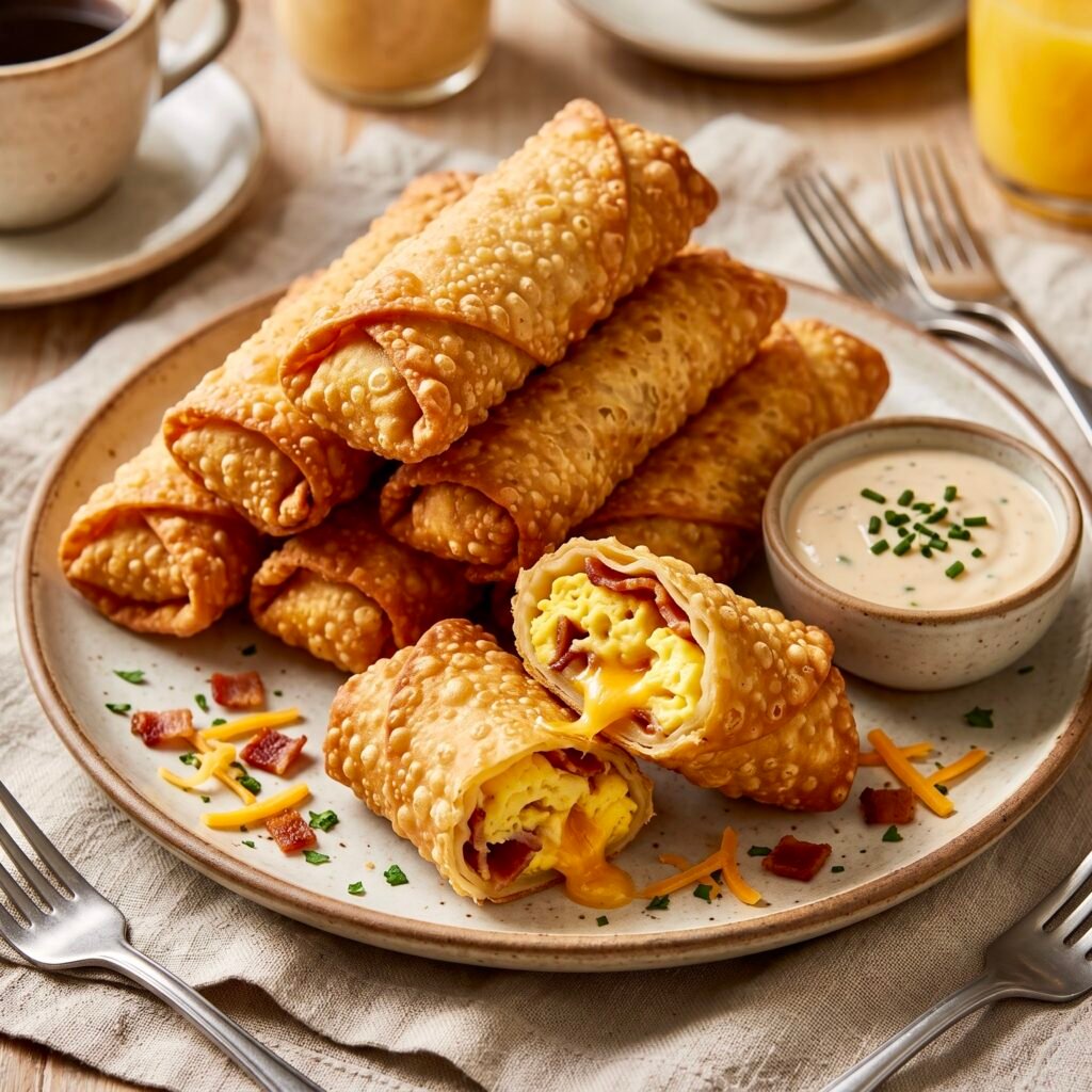Crispy bacon and cheese breakfast egg rolls with golden wrappers filled with scrambled eggs, melted cheddar cheese, and bacon.