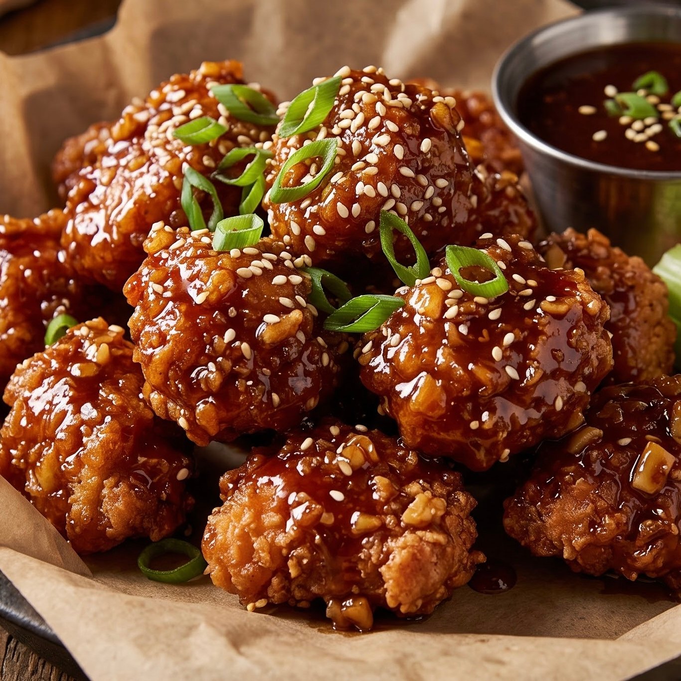Crispy Teriyaki Sesame Chicken Bites Crispy Teriyaki Sesame Chicken Bites coated in a sticky brown glaze and topped with sesame seeds and sliced green onions.
